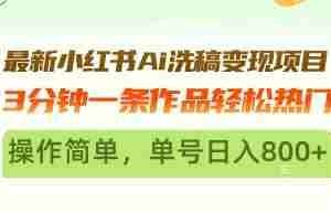 （13182期）最新小红书Ai洗稿变现项目 3分钟一条作品轻松热门 操作简单，单号日入800+