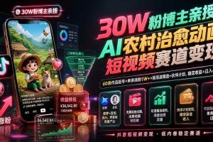 （19648期）30W粉博主亲授AI农村治愈动画短视频赛道变现：60条作品起号×单条涨粉1W+×极易进精选+伙伴计划，稳定收益×日入400+