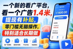 一个新的看广平台,看一个广告1.4米,提现有补贴,零门槛无脑操作,特别适合长期做【揭秘】