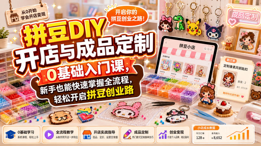 拼豆DIY开店与成品定制0基础入门课,新手也能快速掌握全流程,轻松开启拼豆创业路