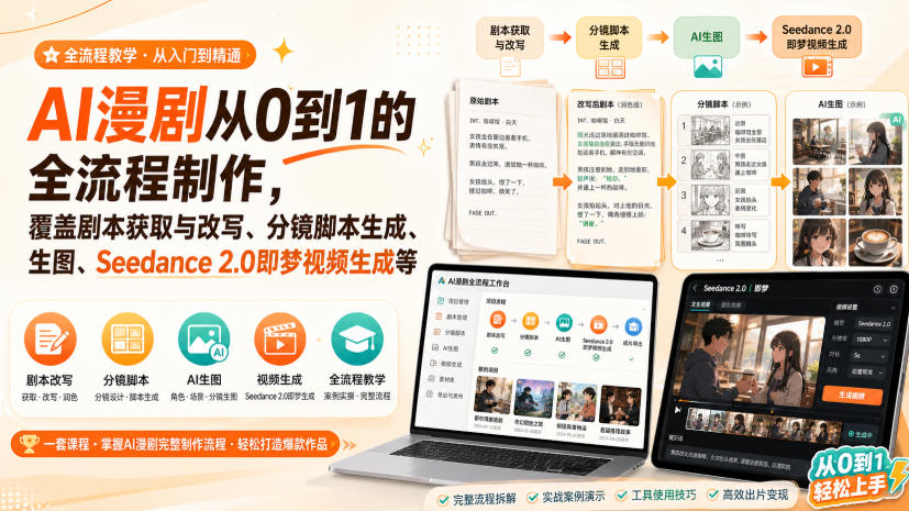 AI漫剧从0到1的全流程制作,覆盖剧本获取与改写、分镜脚本生成、角色场景生图与三视图、Seedance 2.0即梦视频生成(PDF版)