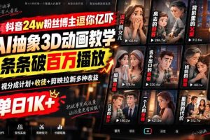 抖音24w粉丝博主逗你亿吓AI抽象3D动画教学，条条破百万播放，分成计划+收徒+剪映拉新多种收益，单日1K+
