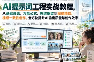 AI提示词工程实战教程，从基础理论、万能公式、思维框架到图像精修、视频一致性创作，全方位提升AI输出质量与创作效率