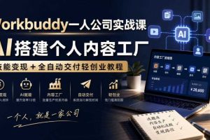 Workbuddy一人公司实战课，AI搭建个人内容工厂，技能变现+全自动交付轻创业教程​