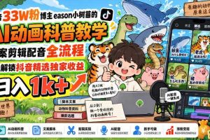抖音33W粉博主eason小树苗的AI动画科普教学，文案剪辑配音全流程，轻松解锁抖音精选独家收益，日入1k+