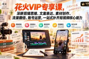 花火VIP专享课,深耕剪辑思维、文案表达、素材创作、流量翻倍、账号运营,一站式补齐短视频核心能力