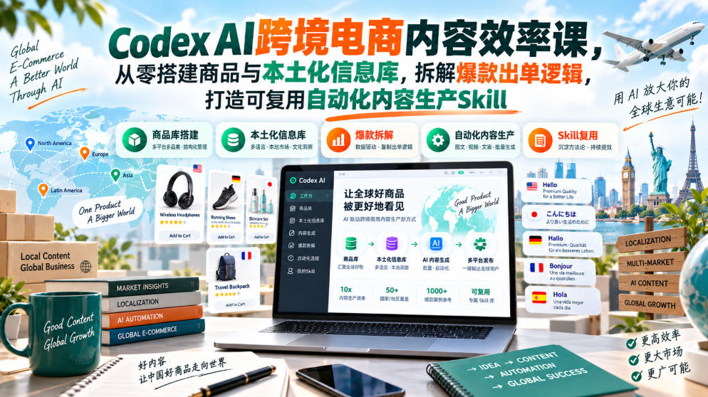 Codex AI跨境电商内容效率课,从零搭建商品与本土化信息库,拆解爆款出单逻辑,打造可复用自动化内容生产Skill