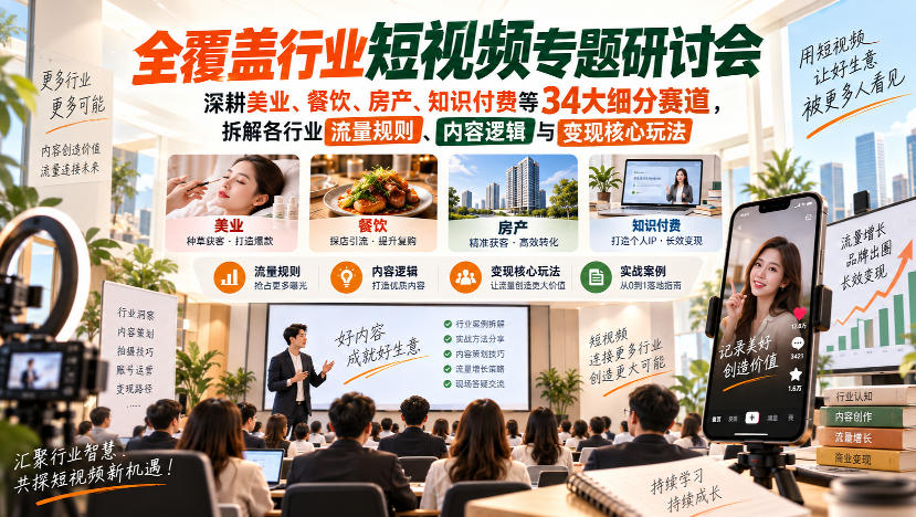 短视频专题研讨会,深耕美业、餐饮、房产、知识付费等34大细分赛道,拆解各行业流量规则、内容逻辑与变现核心玩法