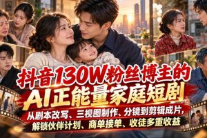 抖音130W粉丝博主的AI正能量家庭短剧,从剧本改写、三视图制作、分镜到剪辑成片,解锁伙伴计划、商单接单、收徒多重收益