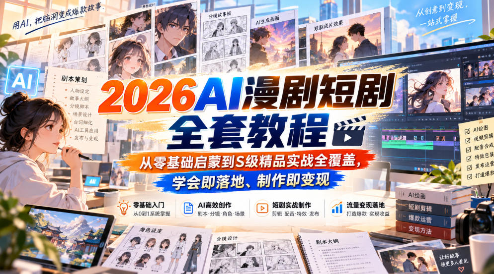 2026AI漫剧短剧全套教程,从零基础启蒙到S级精品实战全覆盖,学会即落地、制作即变现