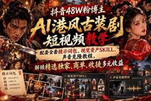 抖音48W粉博主AI港风古装剧短视频教学,配套全套提示词包、视觉资产SKILL、声音克隆教程,解锁精选独家、商单、收徒多元收益