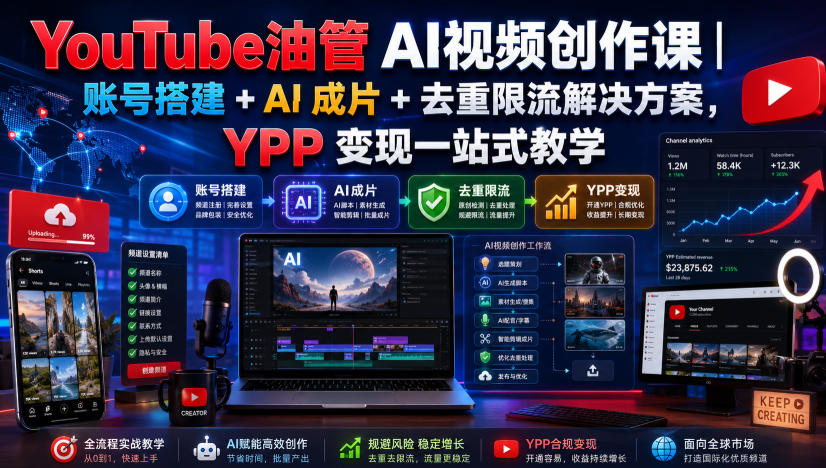 YouTube油管AI视频创作课|账号搭建+AI成片+去重限流解决方案,YPP变现一站式教学(更新0925)