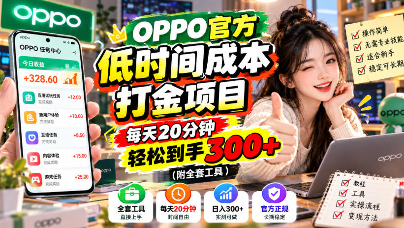 OPPO官方低时间成本打金项目,每天20分钟,轻松到手300+(附全套工具)【揭秘】