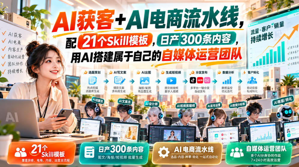 AI获客+AI电商流水线,配21个Skill模板,日产300条内容,用AI搭建属于自己的自媒体运营团队