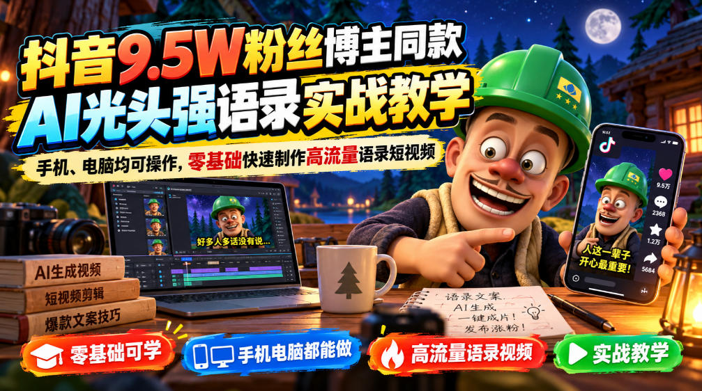 抖音9.5W粉丝博主同款AI光头强语录实战教学,手机、电脑均可操作,零基础快速制作高流量语录短视频