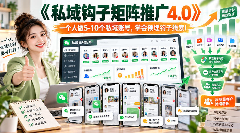 【无水印】《私域钩子矩阵推广4.0》一个人做5-10个私域账号,学会预埋钩子线索!