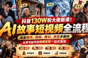 抖音130W粉大佬新课!AI故事短视频全流程,覆盖都市、民俗、奇幻、历史多题材,从养号起号到剪辑变现一站式落地