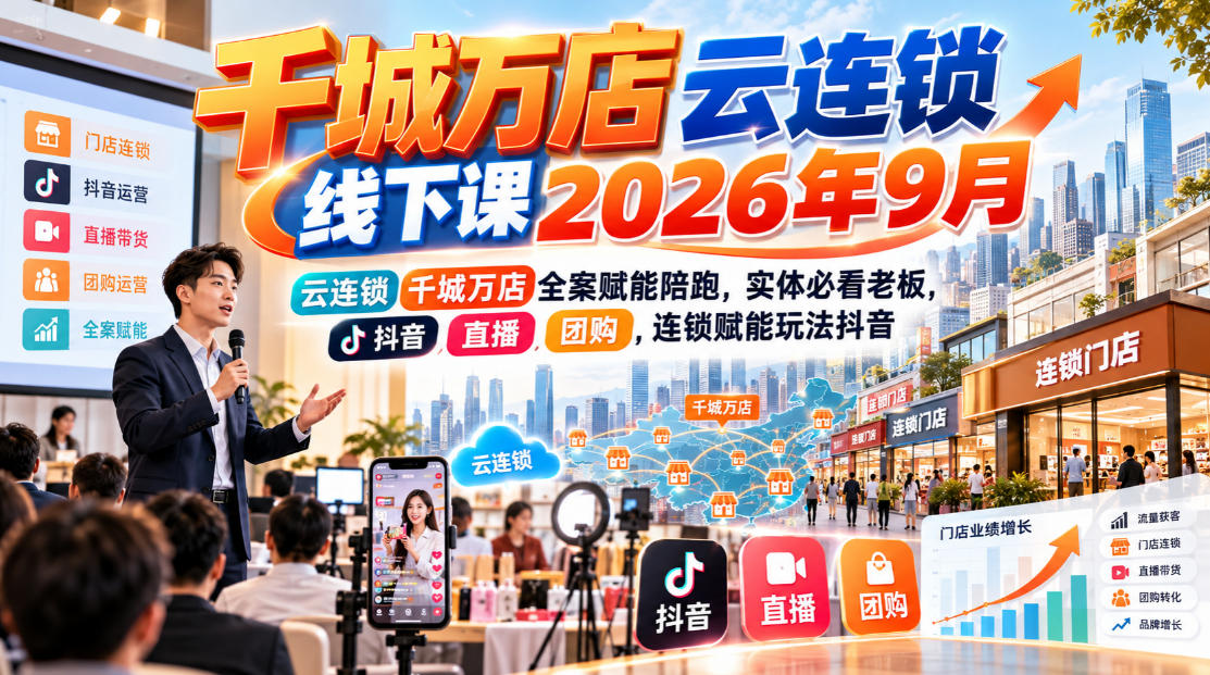 千城万店云连锁线下课2026年9月，云连锁千城万店全案赋能陪跑，实体必看老板，抖音，直播，团购，连锁赋能玩法抖音