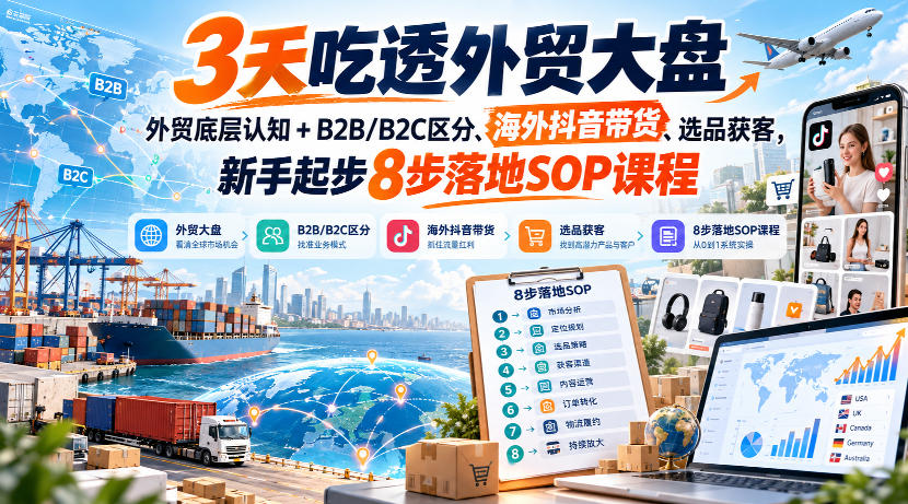 3天吃透外贸大盘,外贸底层认知+B2B/B2C区分、海外抖音带货、选品获客,新手起步8步落地SOP课程