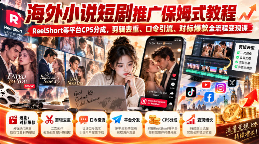 海外小说短剧推广保姆式教程｜ReelShort等平台CPS分成，剪辑去重、口令引流、对标爆款全流程变现课