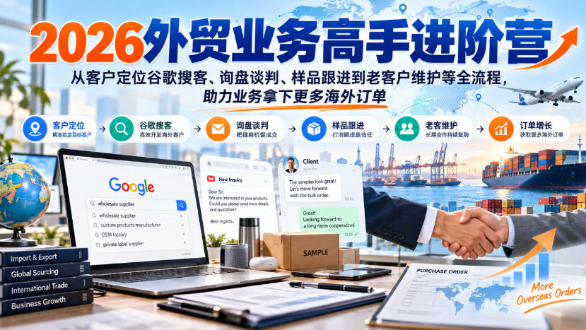 2026外贸业务高手进阶营,从客户定位谷歌搜客、询盘谈判、样品跟进到老客户维护等全流程,助力业务拿下更多海外订单