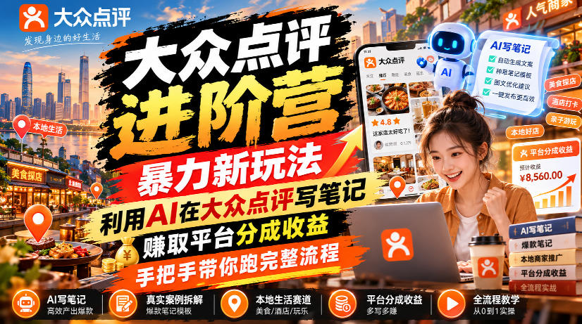 大众点评进阶营，暴力新玩法，利用AI在大众点评写笔记， 賺取平台分成收益，手把手带你跑完整流程