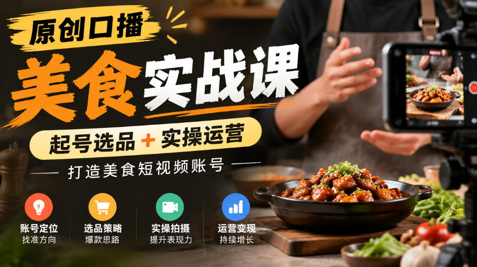 原创口播美食实战课,起号选品+实操运营,打造美食短视频账号