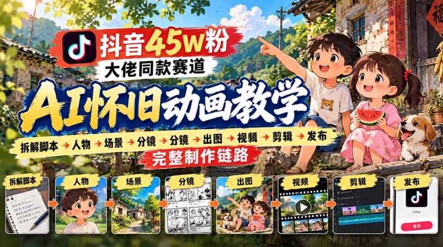 抖音45W粉大佬同款赛道AI怀旧动画实战课：拆解脚本→人物→场景→分镜→出图→视频→剪辑→发布完整制作链路