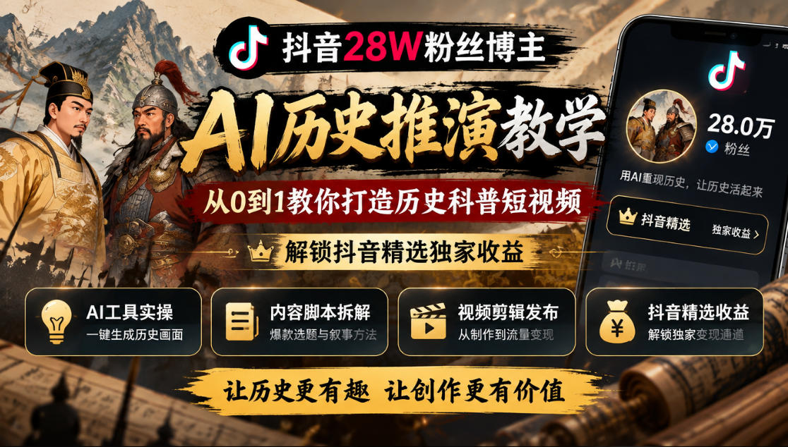 抖音28W粉丝博主的AI历史推演教学，从0到1教你打造历史科普短视频，解锁抖音精选独家收益