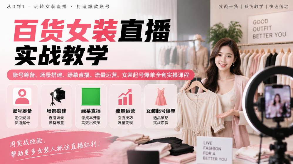 百货女装直播实战教学|账号筹备、场景搭建、绿幕直播、流量运营、女装起号爆单全套实操课程