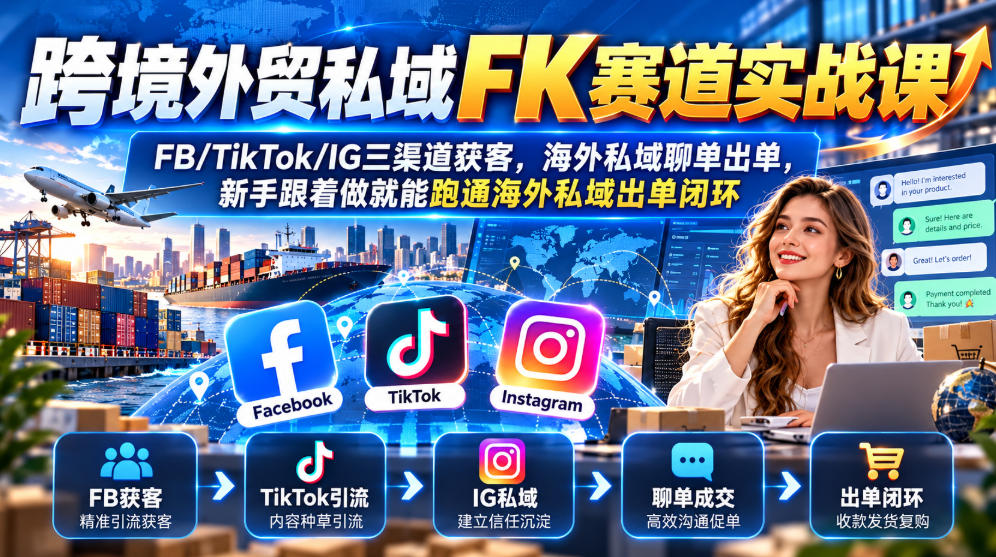 跨境外贸私域FK赛道实战课|FB/TikTok/IG三渠道获客,海外私域聊单出单,新手跟着做就能跑通海外私域出单闭环